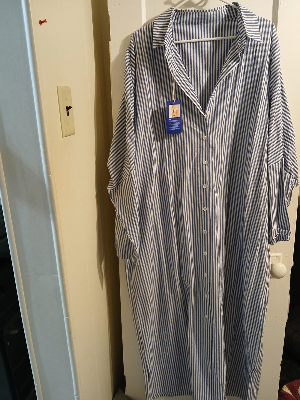 Women's Blue and White Striped Button-Down Shirt Dress